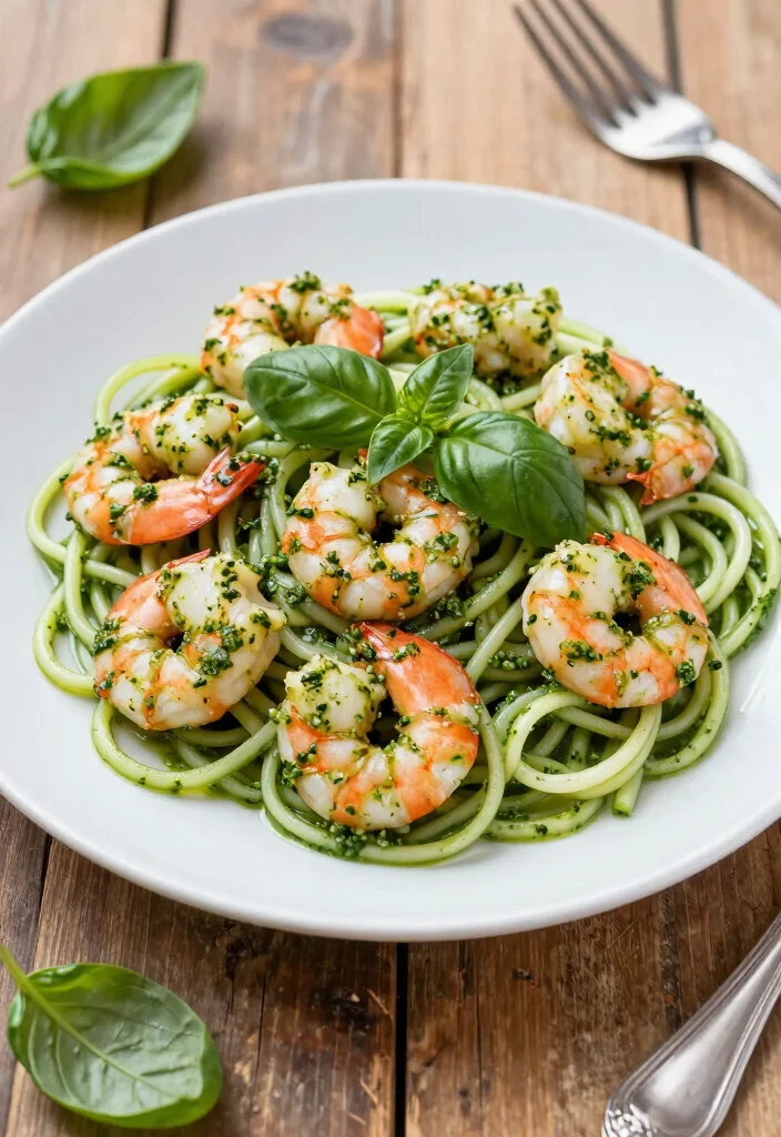 16 High Protein Low Carb Shrimp Recipes - Quick & Elegant Dishes - 13. Pesto Shrimp with Zucchini Noodles 1