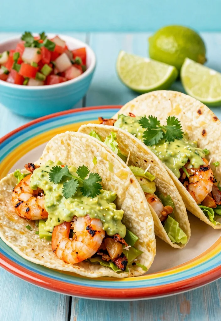 16 High Protein Low Carb Shrimp Recipes - Quick & Elegant Dishes - 2. Zesty Shrimp Tacos with Avocado Cream 1