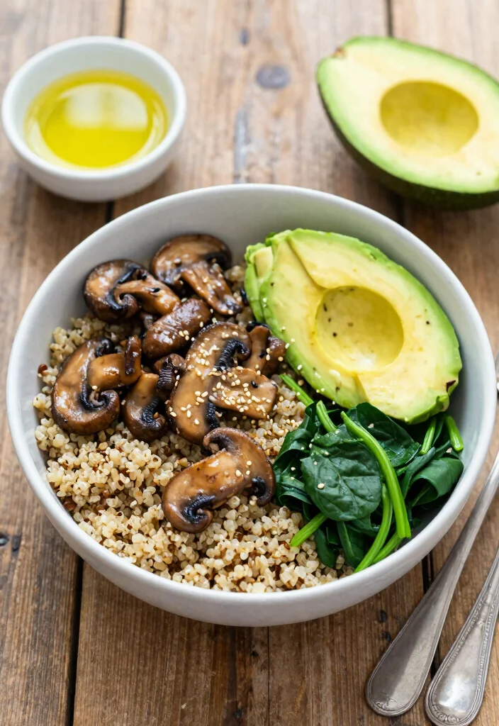 17 High Protein Vegan Gluten Free Recipes - Triple-Friendly Options - 12. Mushroom and Spinach Quinoa Bowl 1