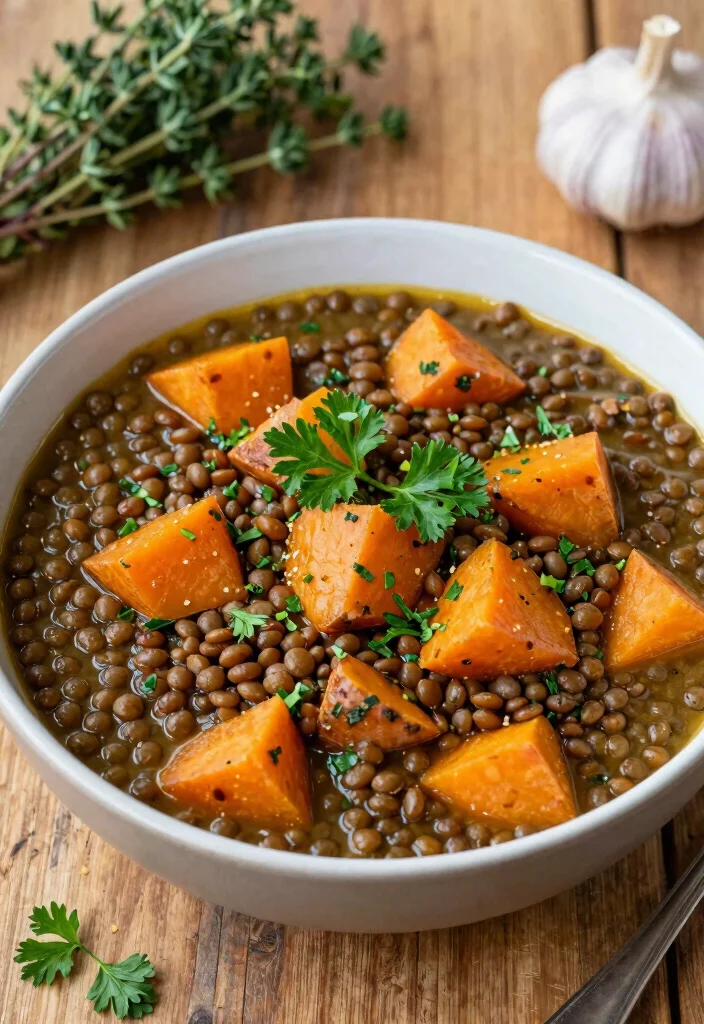 17 High Protein Vegetarian Slow Cooker Recipes - Set & Forget Meals - 2. Lentil & Sweet Potato Stew 1