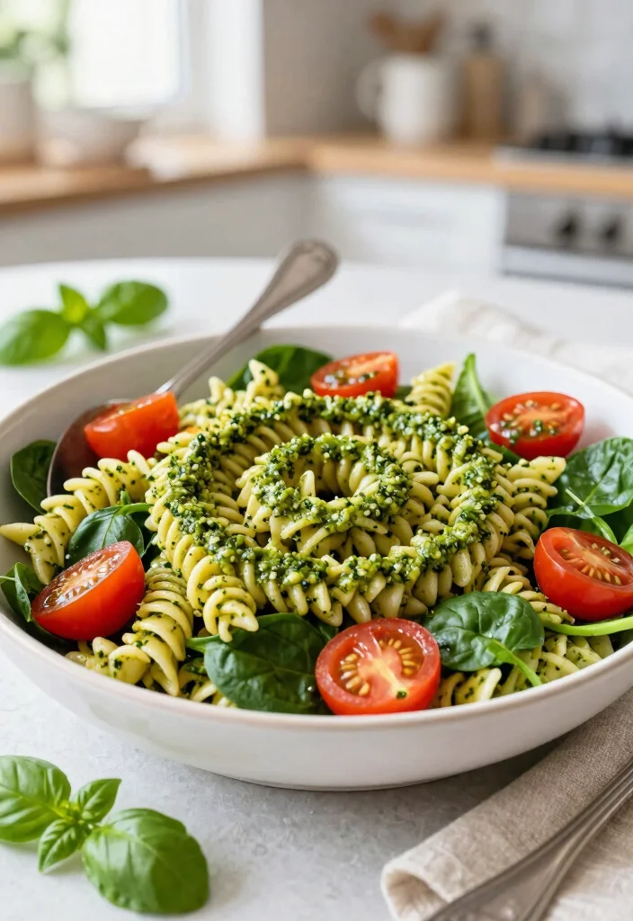 18 High Protein Salads Vegetarian - Fresh & Complete Meals - 12. Pesto Pasta Salad with Spinach 1