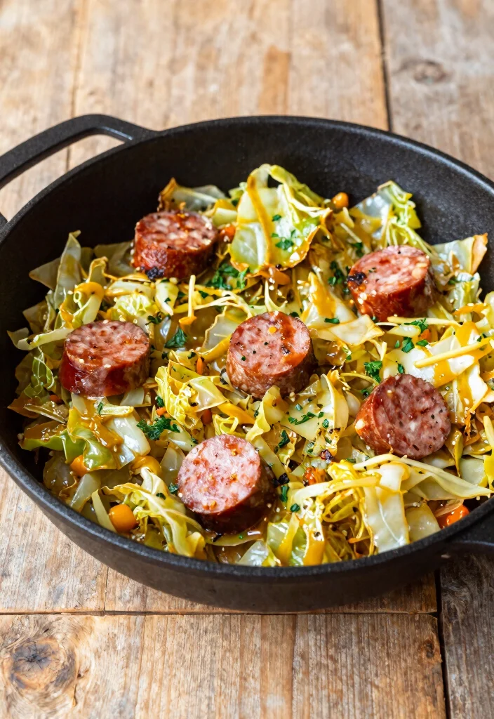 19 High Protein High Fiber Low Carb Recipes - Digestive-Friendly Meals - 17. Cabbage and Sausage Skillet 1