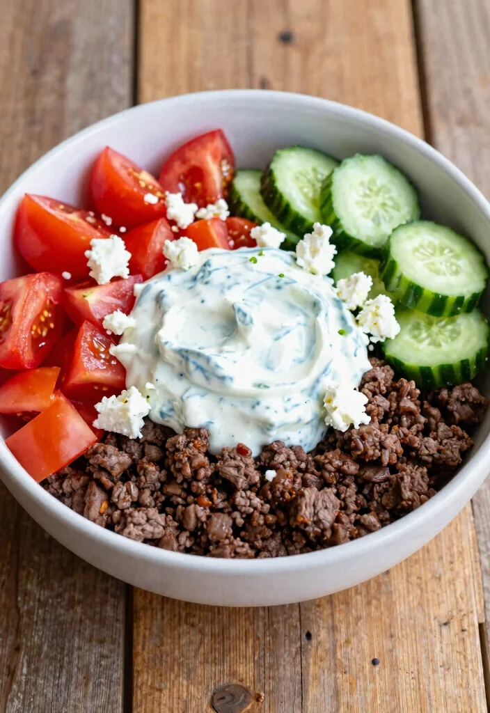 19 High Protein Low Carb Ground Beef Recipes - Versatile & Filling - 8. Greek Beef Bowl 1