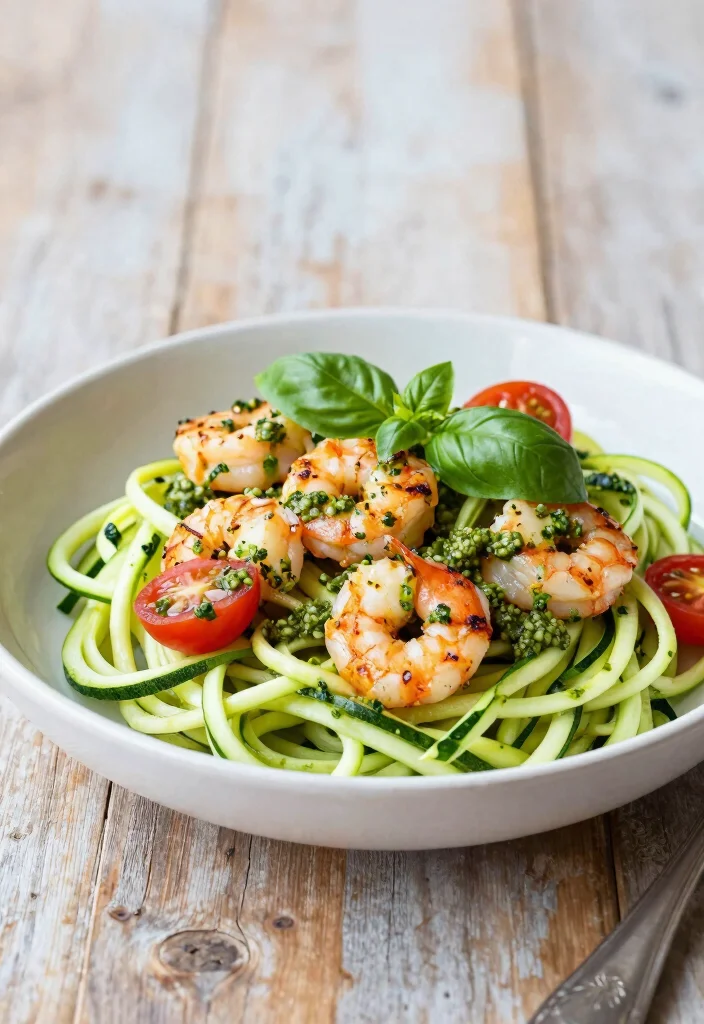 19 High Protein Low Carb Recipes Meal Prep - Sunday Cooking Ideas - 3. Zucchini Noodles with Pesto and Grilled Shrimp 1