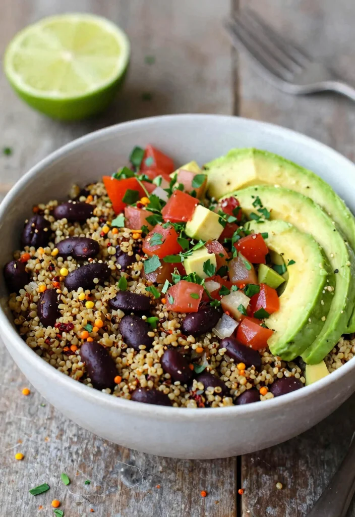 19 High Protein Vegan Recipes - Plant-Based & Filling - 9. Spicy Quinoa and Black Bean Bowl 1