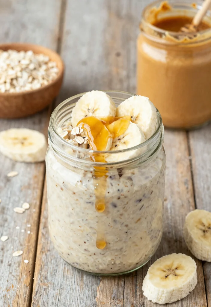19 Low Calorie High Protein Dessert Recipes - Skinny Sweet Treats - 16. Peanut Butter Banana Overnight Oats 1