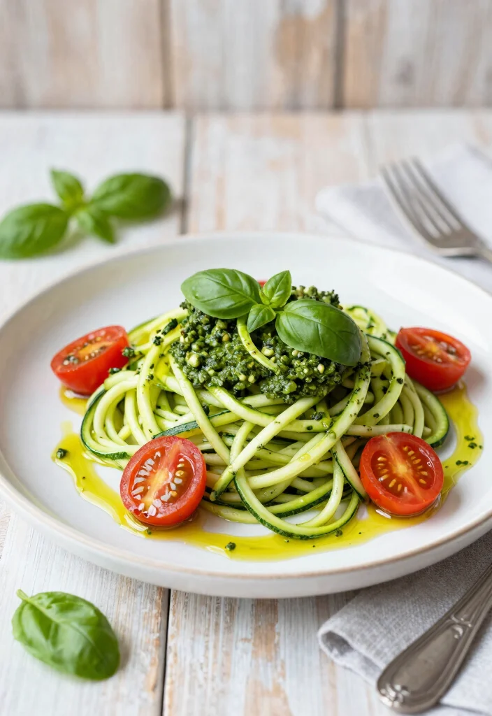 19 Low Carb High Protein Recipes Vegetarian - Filling Meatless Meals - 5. Zucchini Noodles with Pesto and Cherry Tomatoes 1