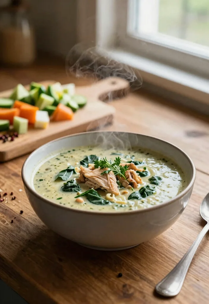 20 High Protein Soup Recipes - Warm & Satisfying Bowls - 1. Creamy Chicken and Spinach Soup 1